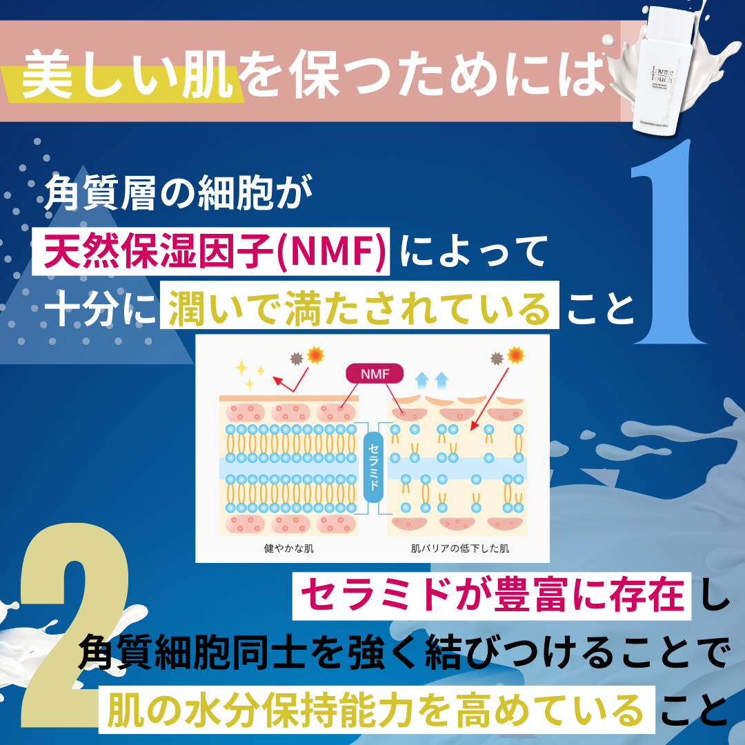 美しい肌を保つには天然保湿因子によって潤っていること、セラミドが豊富に存在すること